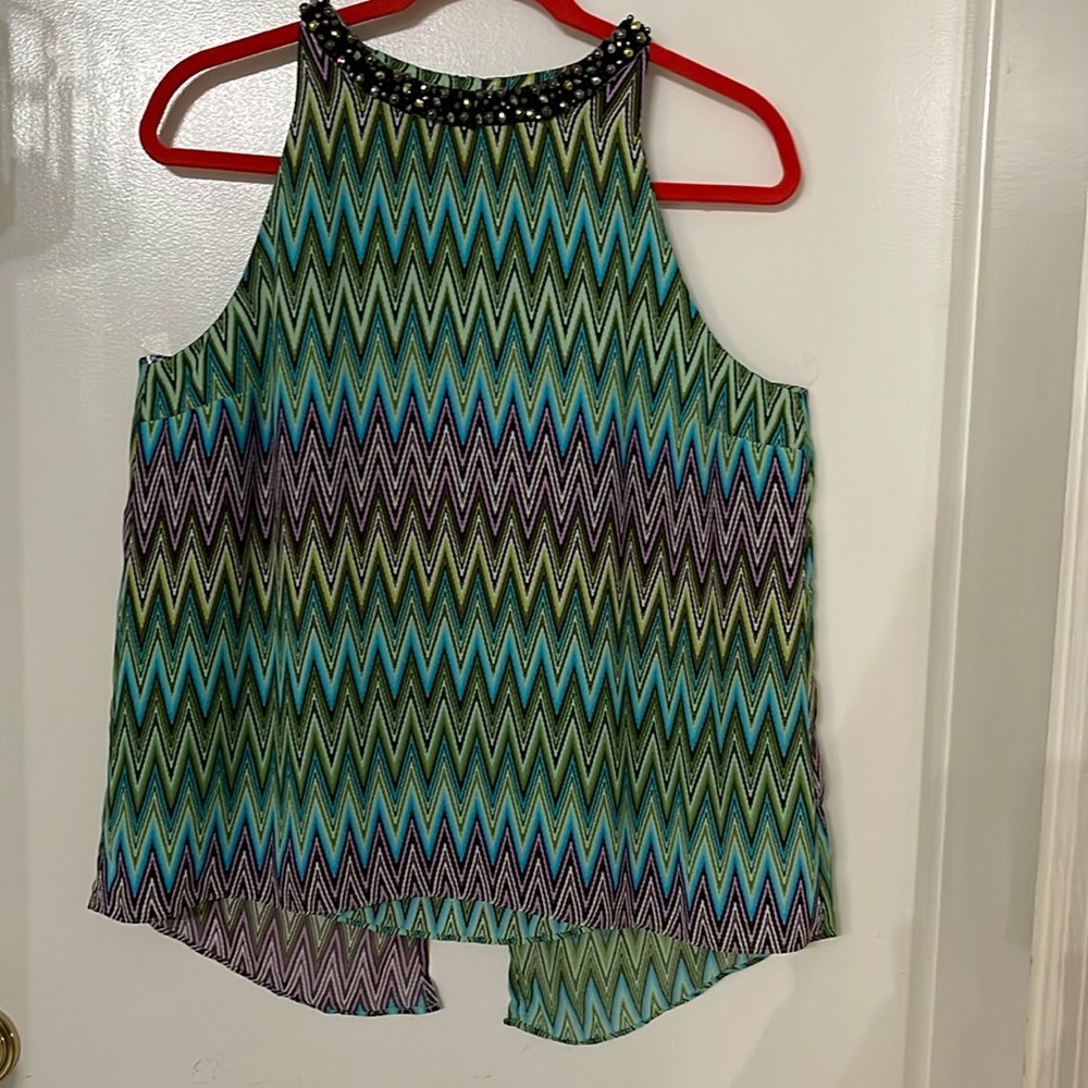 JENNIFER LOPEZ SHEER LAYER JEWEL TANK TOP WOMEN Sz M GEOMETRIC DESIGN BLUE GREEN